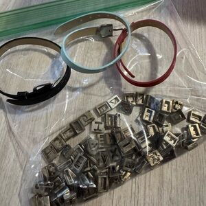 Vintage Set of Colorful Skinny Leather Bracelets with Silver Letter Charms